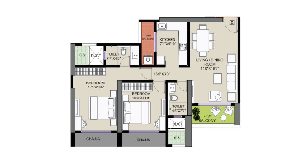Nandivardhan-Mnopoli-Floor-plan-A Wing-2 BHK-800 Sqft
